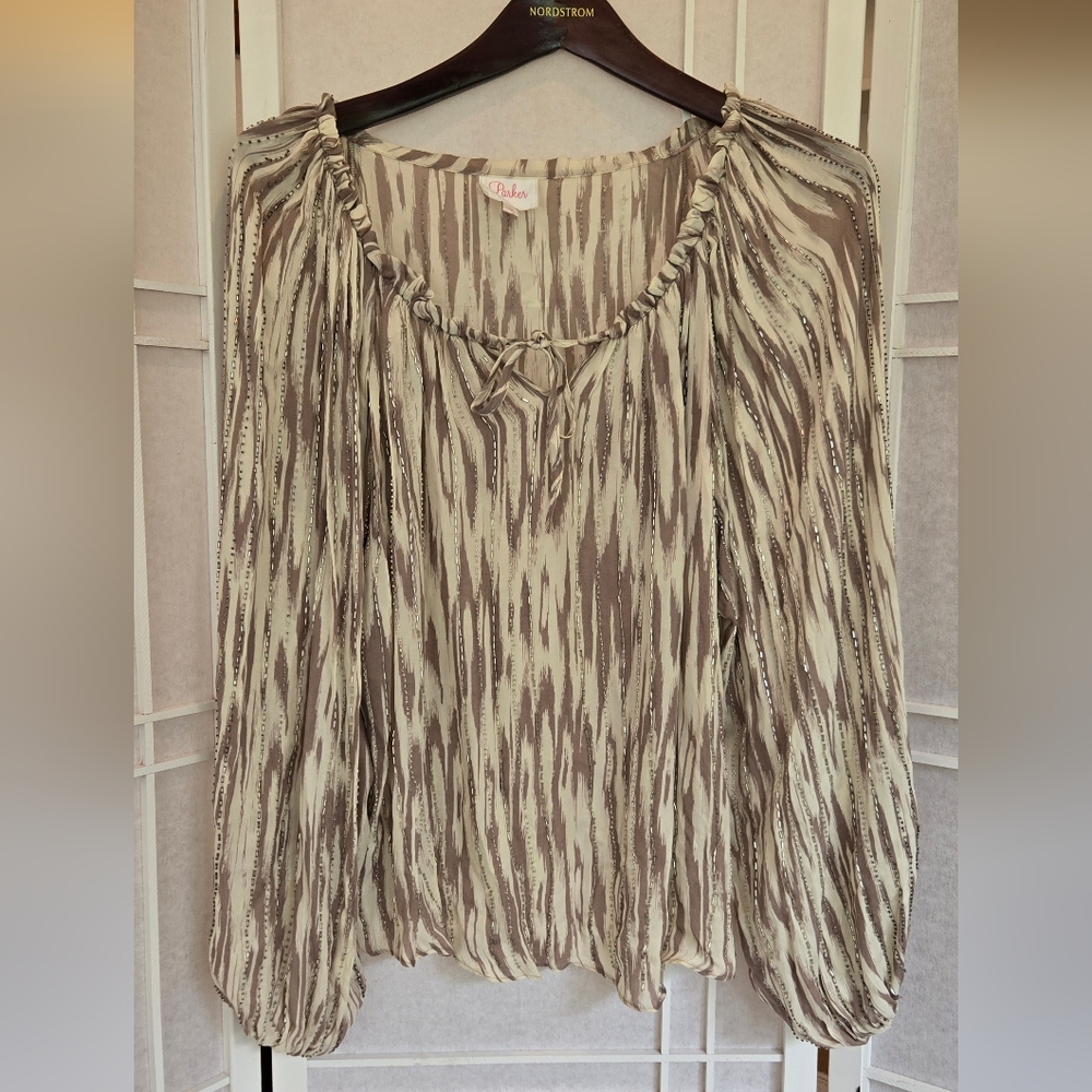 Parker Cream and Brown Beaded Patterned Silk Blouse
